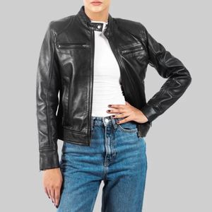 Veste de motard en cuir véritable noir pour femme, coupe ajustée, style café racer - Product Image 4