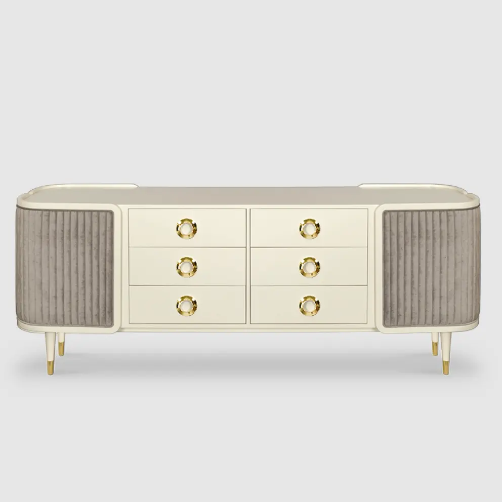 Gabinete de lujo moderno italiano, manijas de latón pulido de madera blanca brillante, Davis aparador, muebles de sala de estar gris crema