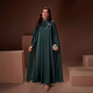 Nouvelle Arrivée Robe Cape Longue Vert Émeraude Ornée de Perles 3D, Col Montant Ample Ourlet Large Élégante Robe de Soirée Maxi Abaya - Product Image 1