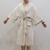 Femmes nouveau ong beige vichy manches confortable français européen lin biologique peignoir Kimono ceinturé 100% lin spa peignoir de bain