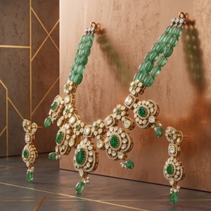Juego de Collar de Plata 925 de Lujo para Mujer, Cuentas Verdes, Trabajo Kundan, Joyería Nupcial India Tradicional, Juego de Regalo con Aretes - Product Image 6