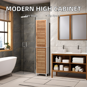 ארון רחצה מודרני גבוה מעץ בגודל דק עם מדפים ו-2 דלתות - Product Image 2