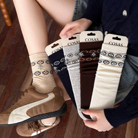 Chaussettes mi-mollet sans couture pour femme, style japonais rétro, motif géométrique Fair Isle, respirantes, 59 % coton, légèrement compressives
