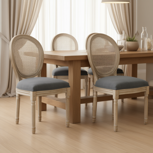 Sillas de comedor de madera sin brazos estilo francés, tapizadas en cuero PU gris, juego de 2 - Product Image 2