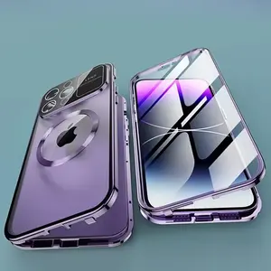 IPhone 15 için alüminyum Metal çerçeve kabuk 14 13 12 Pro Max manyetik 360 tam kapak koruyucu ekran telefon kılıfı