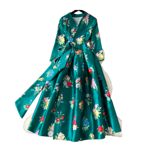 Giản Dị Midi Ăn Mặc Cho Phụ Nữ Mùa Xuân Kỳ Nghỉ V Cổ Áo Với Bùng Tay Áo Đế Chế In Ren Ăn Mặc Dệt In Kỹ Thuật Số In Ấn - Product Image 1