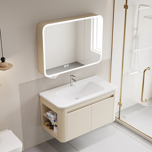 Meuble-lavabo mural moderne avec vasque en céramique, miroir intelligent, tiroirs double couche, design écologique pour villa - Product Image 2