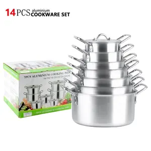 Panci masak langsung pabrik 14 buah set panci masak aluminium satin selesai set panci masak di dapur