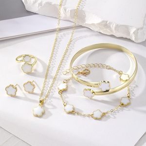 Five-Clover Flower Five-Piece Set Gold Plated Necklace <b>Bracelet</b> Earrings Fashion <b>Women</b> Silver <b>Black</b> Jewelry - Product Image 2