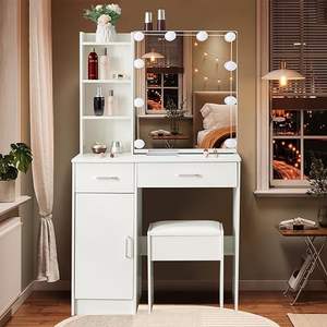 Juego de tocador de maquillaje con luces LED y espejo, mesa de maquillaje con cajón y estación de carga, tocador con taburete para Be - Product Image 3