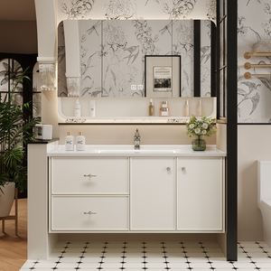 Mueble de Baño Vintage Estilo Crema Francés Inteligente con Lavabo de Cerámica, Iluminación Antivaho - Conjunto de Lavabo para Cuarto de Maquillaje
