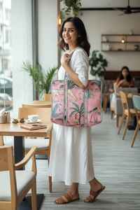 Bolso Tote Acolchado con Estampado Tropical Rosa, Bolso de Hombro de Algodón Hecho a Mano, Bolso de Viaje Estilo Boho - Product Image 4