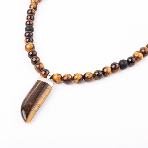 Colar Masculino Longo com Pingente de Chifre de Boi Ajustável, Contas de Pedra Natural Olho de Tigre Marrom de 8mm, Design Clássico - Product Image 4
