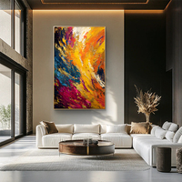 Peinture à l'huile abstraite contemporaine audacieuse multicolore, coups de pinceau texturés et flamboyants, feuille d'or, art mural sur toile