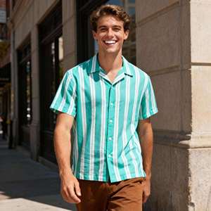 <span class=keywords><strong>Camisa</strong></span> de Vestir Entallada con Cuello Italiano y Logotipo Personalizado, <span class=keywords><strong>Camisa</strong></span> de Negocios Casual <span class=keywords><strong>Azul</strong></span> <span class=keywords><strong>Marino</strong></span> a Rayas, Algodón-Poliéster de Fácil Cuidado con Botones - Product Image 3