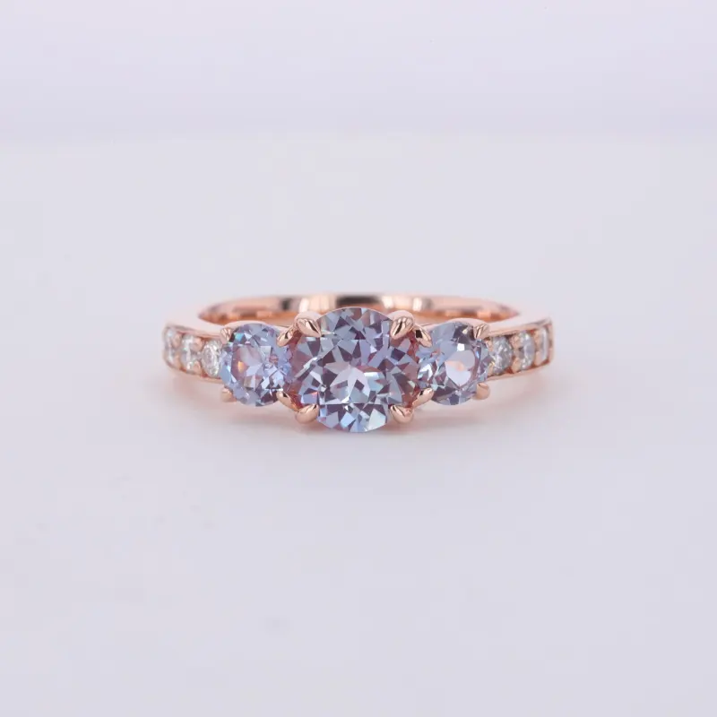 Mode Sieraden Alexandriet Saffier Moissanite Drie Steen 14K Rose Goud Klauw Prong Ring