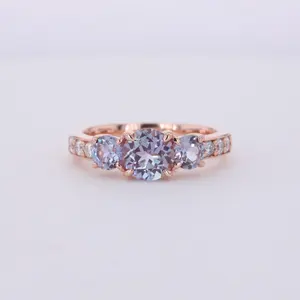 Fashion Jewelry Alexandrite Sapphire Moissanite Three Stone 14K Rose Gold Claw Prong Ring