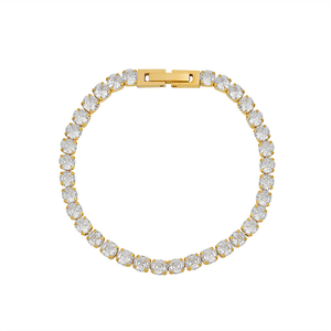 Bracelet tennis en acier inoxydable plaqué or 18 carats avec zircons cubiques ronds taille brillant, simple rangée, fermoir boîte rectangulaire, tendance pour soirées - Product Image 1