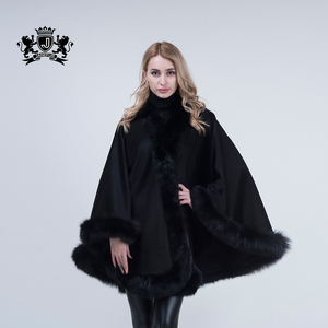 Janefur Wholesale Warm 100% Wool Women <strong>Black</strong> <strong>Shawl</strong> Rea; fox Fur Trim Pashmina <strong>Shawl</strong> - Product Image 1