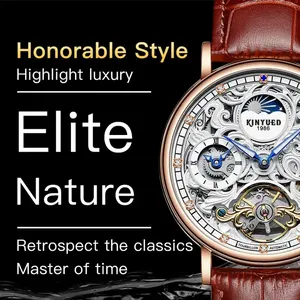 KINYUED J078 Montres-bracelets de luxe en cuir, phase de lune, étanches, ajourées, automatiques, mécaniques, pour hommes - Product Image 6