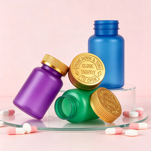 Pot vide personnalisé de 150 ml en PET dépoli coloré pour compléments alimentaires avec bouchon de sécurité anti-enfant doré électroplaqué - Product Image 4
