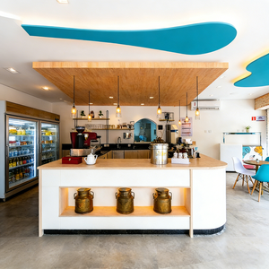 Airy Luxe Bakery & Coffee Market Stall Featuring Glass Display Case, Open Tiered Shelving, and Integrated Warm Lighting - Product Image 3