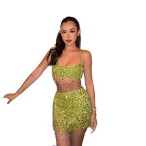 Summer Women's Clothing Popular Sexy Tassel <strong>Sequins</strong> <strong>Crop</strong>-<strong>Top</strong> Spaghetti-Strap Mid-Length Dress Set - Product Image 5