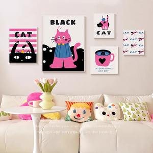 Tela moderna cornice decorativa arte della parete per la camera dei bambini divano sfondo a pois gatto pittura dei cartoni animati - Product Image 6