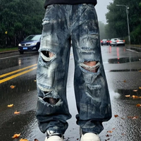 MC BUILD American High Street Heavy Craft Pigment Baggy Trousers Trendy Brand Ripped Wide Leg Men's Jeans Pant