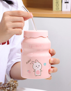 ขวดนมเซรามิคดีไซน์การ์ตูนน่ารัก ขนาด 15 ออนซ์ พร้อมฝาและหลอดดูด แก้วเซรามิค ขวดน้ำ - Product Image 6