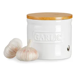 Garlic Keeper with wooden Lid, Ceramic Garlic Saver 4 inch, White