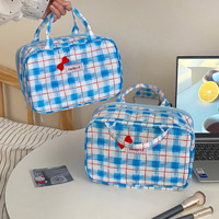 Trousse de Maquillage Portable Grande Capacité Style Coréen avec Nœud Papillon Mignon, Trois Compartiments, Double Poignée Supérieure et Organisateur de Voyage