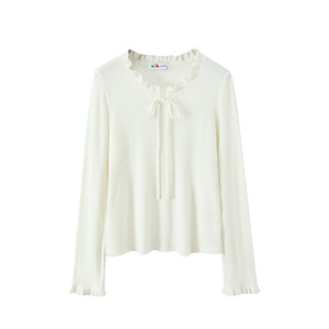 Happy Plus – haut en tricot à volants, blanc cassé, manches longues, couleur unie, pull grande taille pour femme, couche de base d'automne, N9401 - Product Image 3