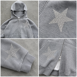 Sweat à capuche personnalisé pour homme, gris, en molleton épais, avec strass en forme d'étoile, double fermeture éclair, coupe courte, style streetwear, en coton, coupe ample - Product Image 2