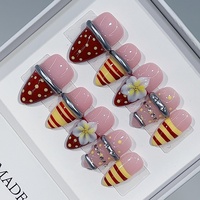 Kuku Akrilik Pre-Desain Buatan Tangan Motif Bunga Kecil 3D Garis Polkadot Kontras Merah Anggur Almond Kartun Retro Amerika