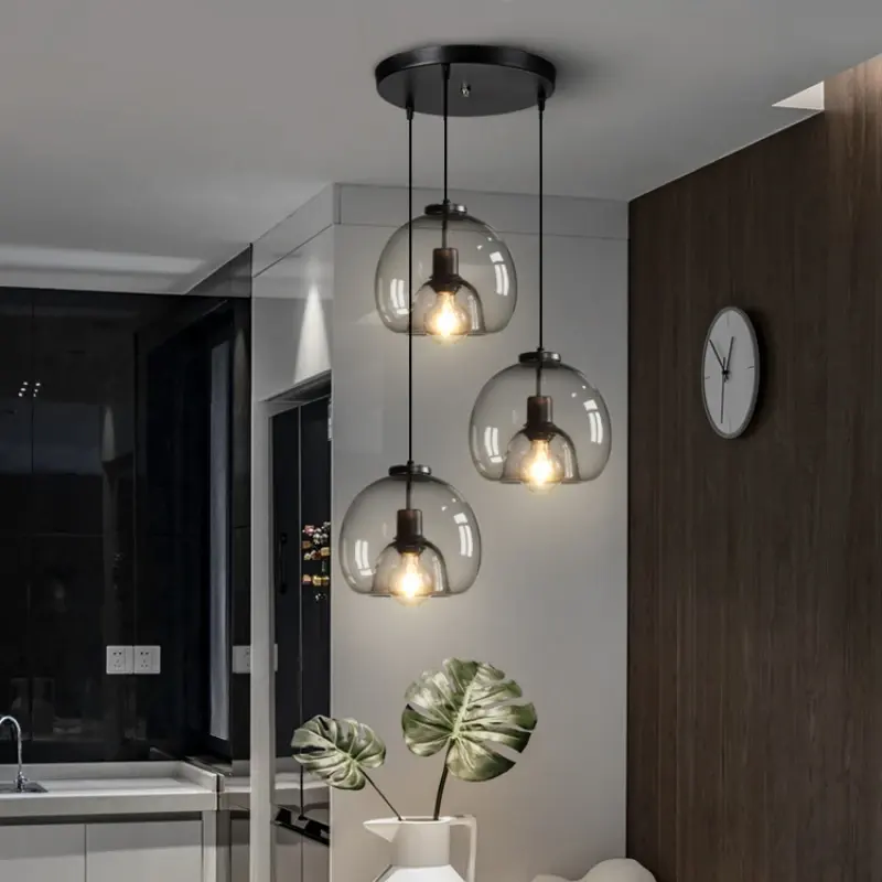 Lustre de teto LED de vidro E27 para sala de estar, mesa de jantar, cozinha, quarto, luz cinza moderna, luminária pendurada em arte preta