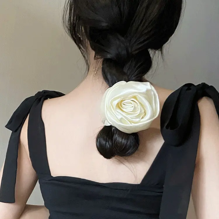 ประณีตหญิงเกาหลี Rose ดอกไม้สีขาวดอกไม้ผมอุปกรณ์เสริมหญิงผ้าไหม Scunchies ผม