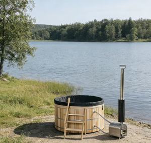 Bain à remous extérieur chauffé au bois en cèdre rouge écologique avec couvercle - Product Image 5