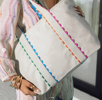 Sac à bandoulière en toile brodé avec logo personnalisé, bordure arc-en-ciel, sac fourre-tout d'été, sac de plage, sac de voyage grande capacité, sacs à main pour le shopping