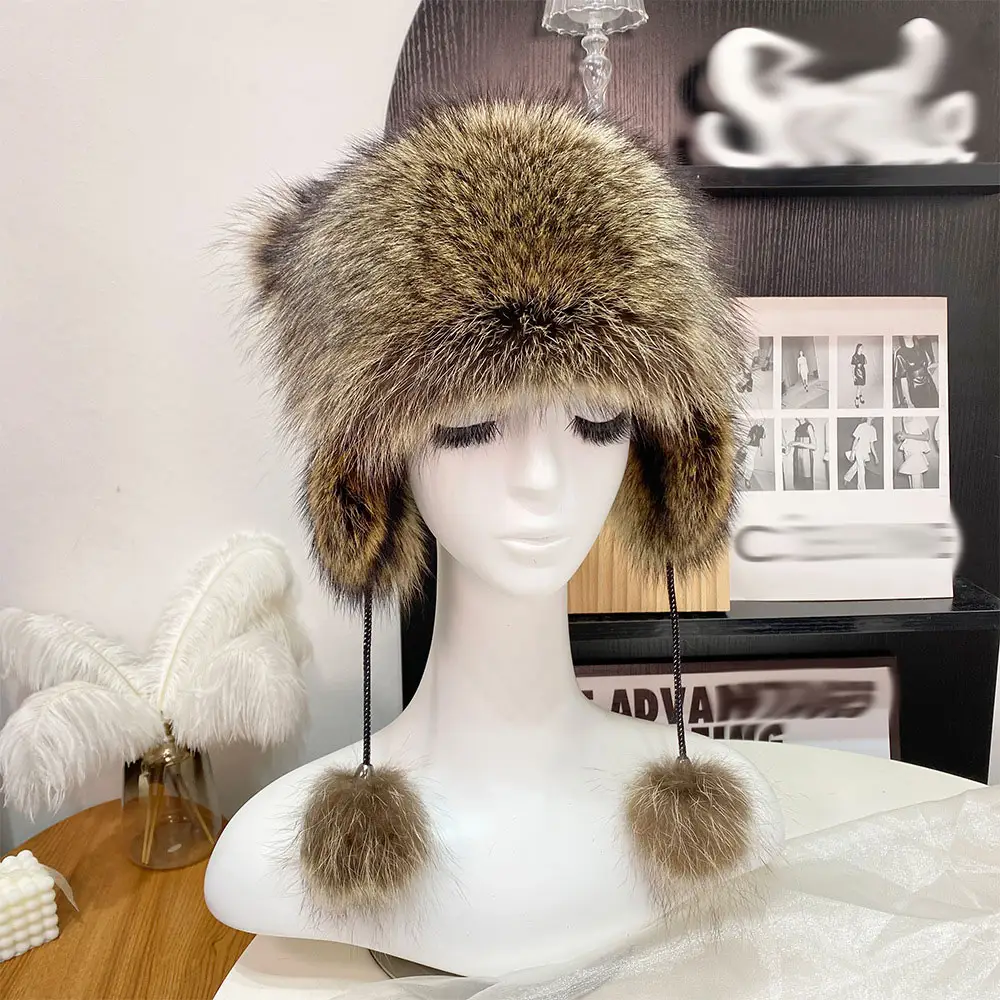 Yeni gerçek rakun kürk şapka rus kayak şapkalar koruma kulak şapka kış kap moda kürk şapka kedi kulaklar ve kuyruk