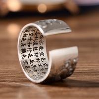 Bague ouverte classique en argent sterling 999 pour hommes Conception de boule de dragon chinoise ancienne Écritures bouddhistes Sculpté Cadeaux muraux intérieurs