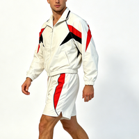 Conjunto de 2 piezas de chándal corto cortavientos con estampado, chaqueta con cremallera y capucha, pantalón corto, ecológico, vintage, impermeable, para hombre, estilo retro con bloques de color.