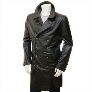 Men's Genuine Leather Trench Coat <b>Black</b> Double Breasted Leather <b>Overcoat</b> Long Classic Winter Outerwear - Product Image 1