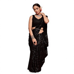 Sari de Georgette Negro de Lujo con Lentejuelas, Trabajo de Lentejuelas Pesadas y Diseño a Mano, Blusa de Verano para Bodas y Fiestas Indias - Product Image 1