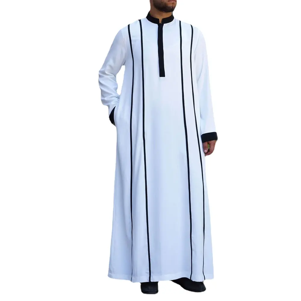 Dubbele Streep Man Volledige Lengte Losse T Shirts Volledige Mouw Maxi Moslim Stijl Islamitische Mannen Gewaden Jurk Kaftan Saudi Arabië