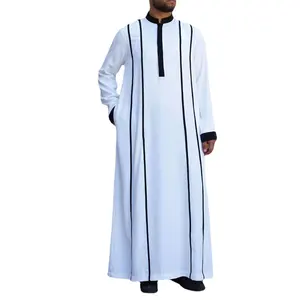 双条纹男士全长宽松t恤长袖马克西穆斯林风格伊斯兰男士长袍连衣裙卡夫坦沙特阿拉伯