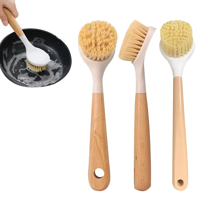 Bamboo Dish Brush With Wooden Handle Kitchen Natural Sisal Bristles Cleaning Scrubbers For Washing Dishes Pot Pans Brush