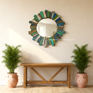 Espejo Redondo Sun Mirror, hecho con madera de barco recuperada en su color natural, perfecto para añadir un toque rústico a cualquier espacio. - Product Image 3