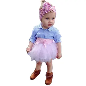 2019春装女童服装套装宝宝小孩衣服套装儿童3/4袖条纹衬衫 + 粉色蓬蓬裙Roupa Infantil Menina