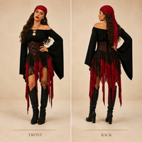 Großhandel Damen-Piratenkostüm für Bühnenauftritte, Halloween-Partys und Abenteuer-Themenveranstaltungen in Schwarz, Rot und Braun